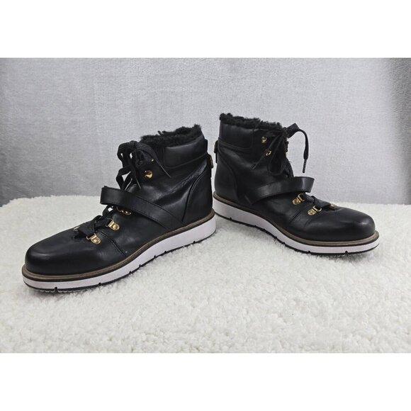 Ankle Boots Urban Hiking Black Lace-Up ARI Justfab Faux Shearling Gold Tone Buck - Picture 14 of 15